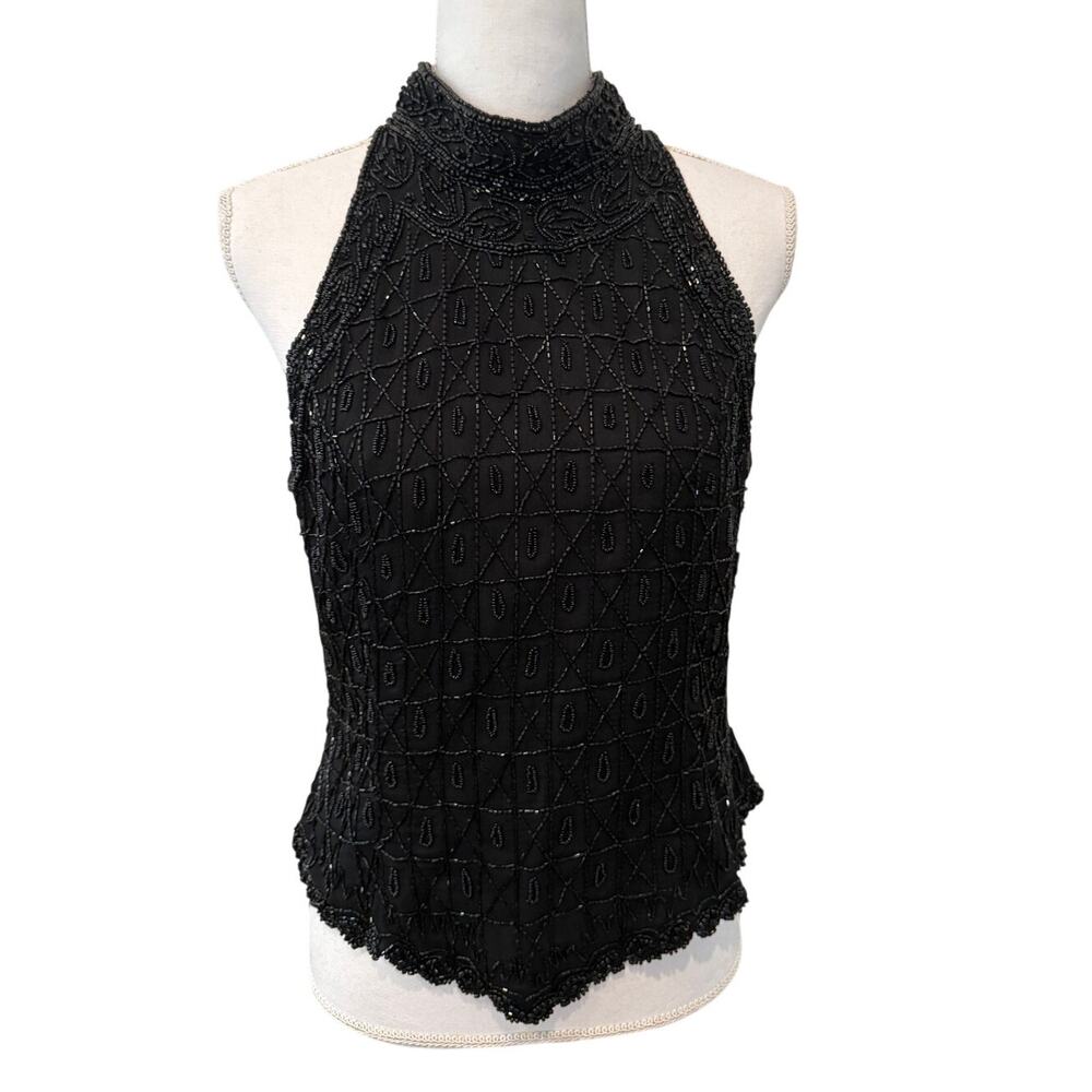 Vintage Papell Boutique Evening Silk Beaded Sleeveless Formal Top Black L